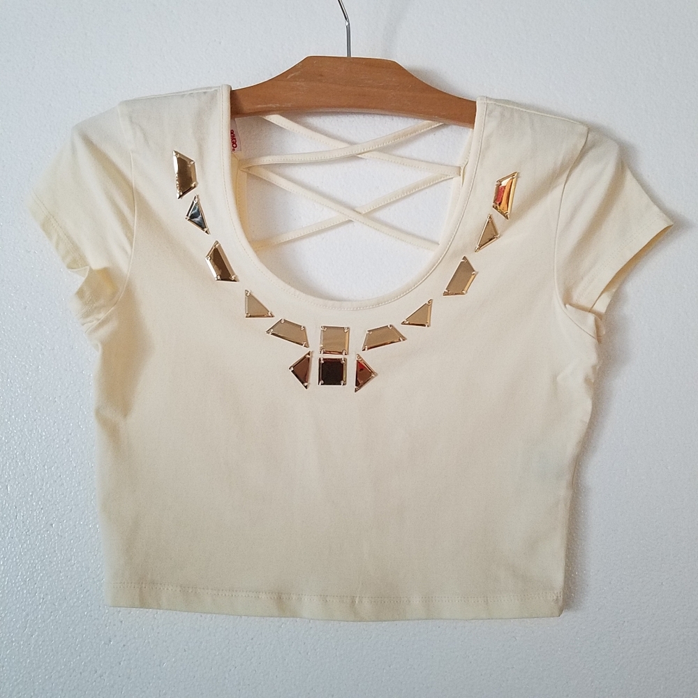 Bongo cream short sleeve crop top metallic embellishment